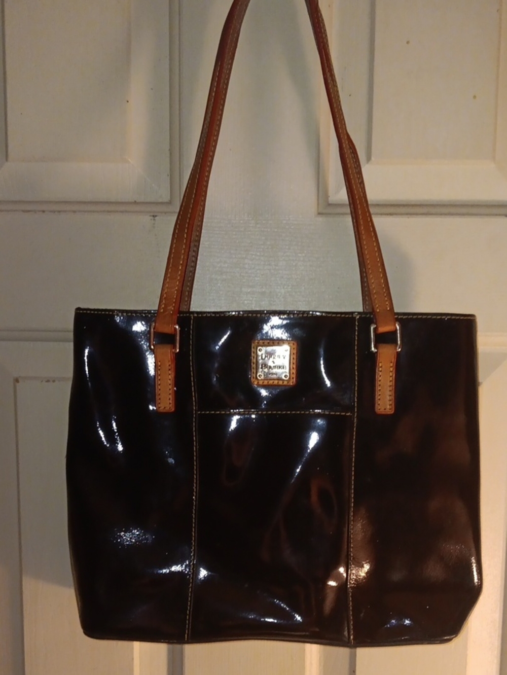 Dooney & Bourke Black Patent Leather Tote with Tan Handles